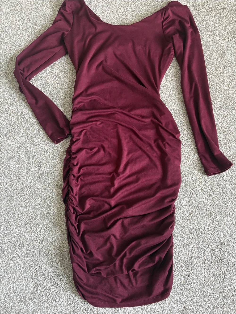 Women's Long Sleeve Ruched Burgundy Bodycon Dress